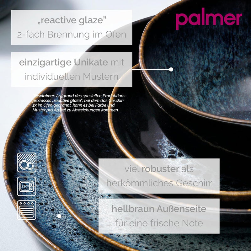 Palmer Eccentric flache Teller gross - 2er-Set, Steingut, Ø 28 cm, dunkelblau glänzend mit braunem R