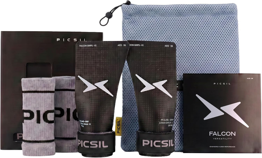 PICSIL Falcon Grips Set, Carbonfaser Grips für Chalk | Grips-Set mit Handgelenkbandagen und Tasche.