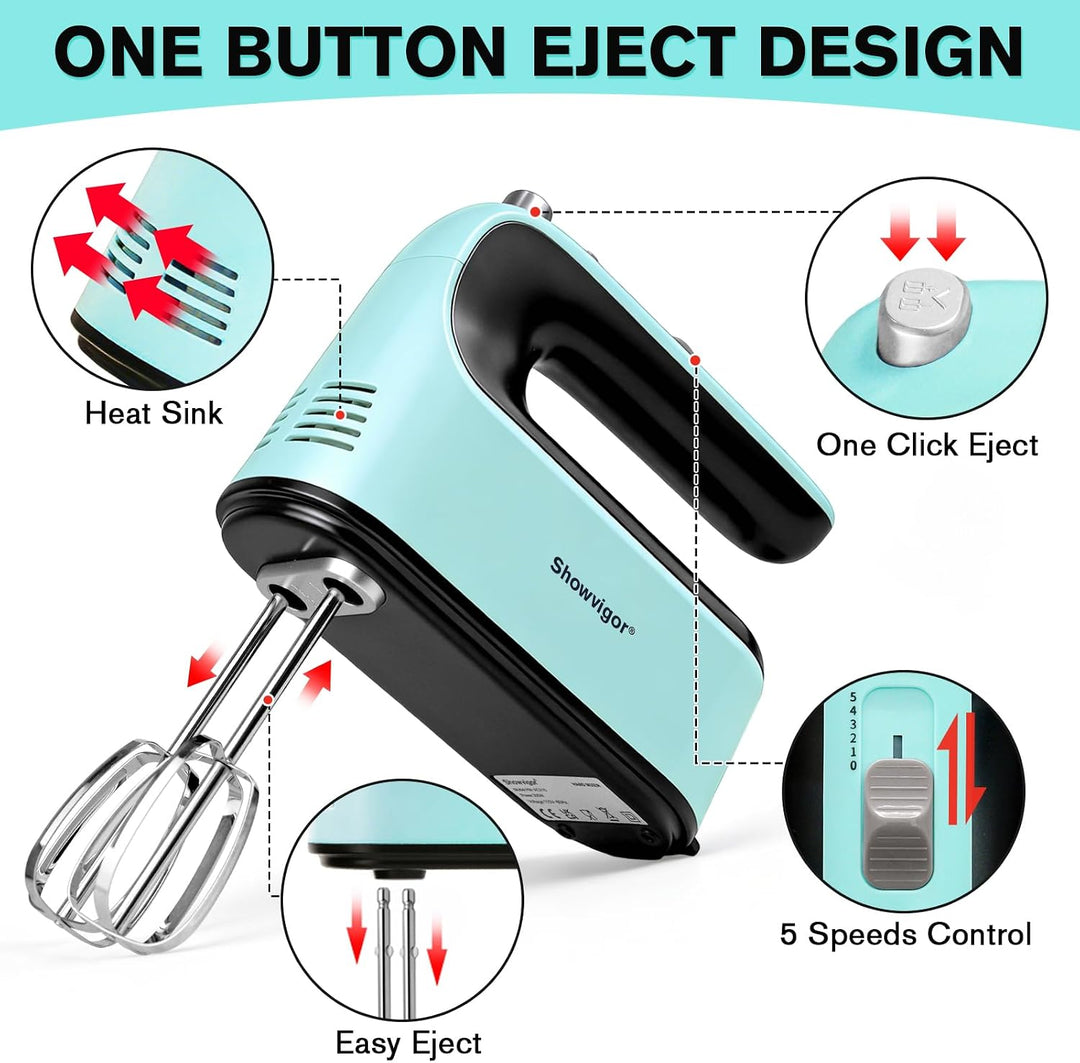 Showvigor Handmixer Set, Elektrischer Mixer mit 5 Geschwindigkeitsstufen, 300-Watt-Motor, 5 Edelstah