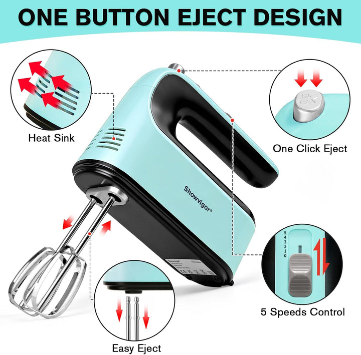 Showvigor Handmixer Set, Elektrischer Mixer mit 5 Geschwindigkeitsstufen, 300-Watt-Motor, 5 Edelstah