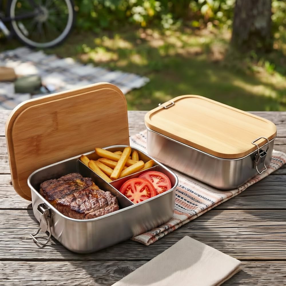 2 Stück Bento Lunchbox für Erwachsene Kinder, 850ML Edelstahl Brotdose mit Holzdeckel&Fächern, BPA-f