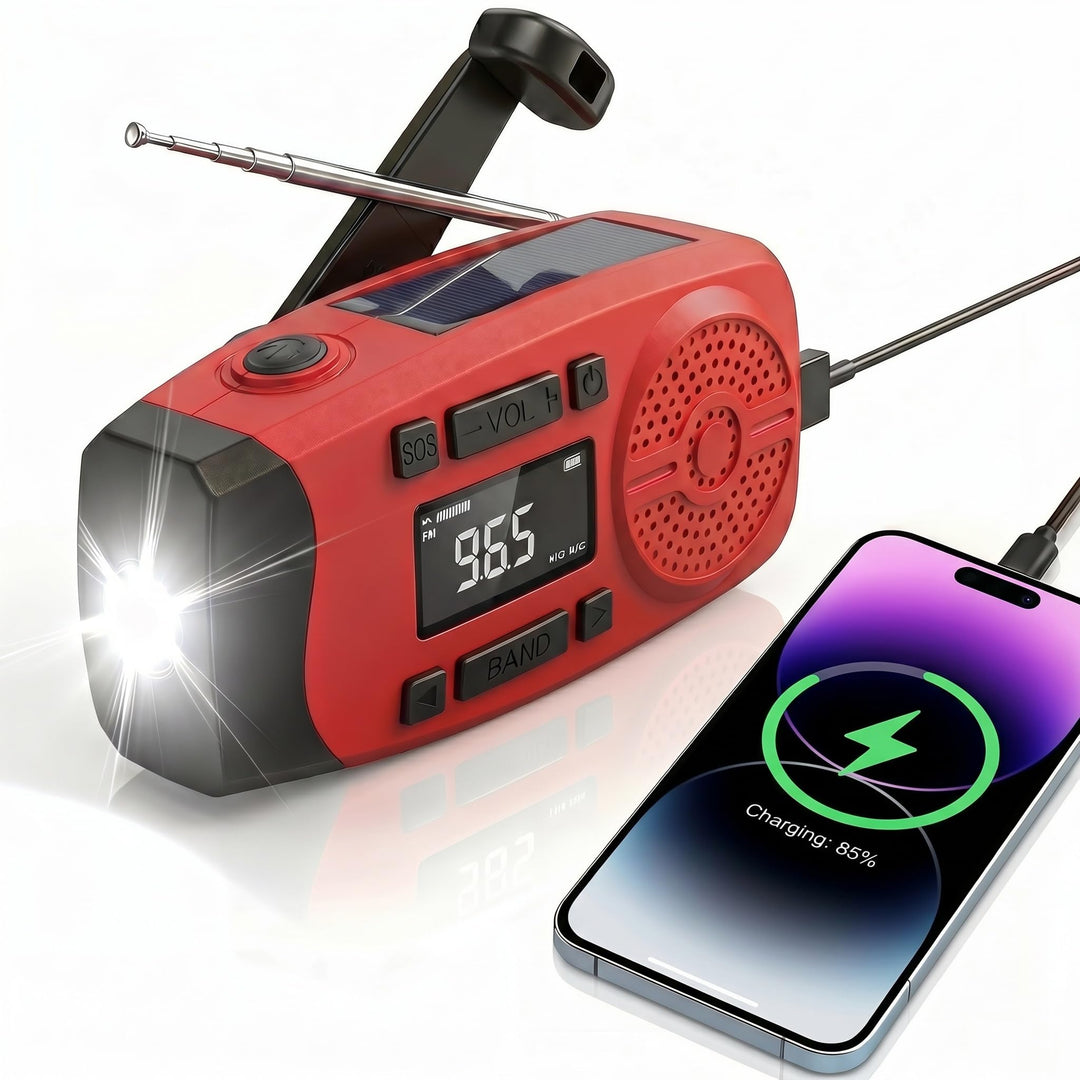 Solarkurbel-Notfallradio mit LCD-Display, 2000mAh Powerbank, 3-in-1 Taschenlampe mit SOS-Alarm, trag
