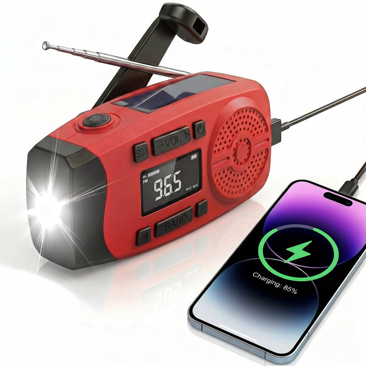 Solarkurbel-Notfallradio mit LCD-Display, 2000mAh Powerbank, 3-in-1 Taschenlampe mit SOS-Alarm, trag