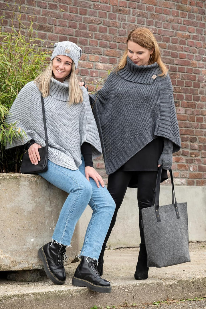 KNIT FACTORY - Nicky Gestrickter Poncho - Damen Strickponcho mit Kragen - Mit Wolle - Hochwertige Qu