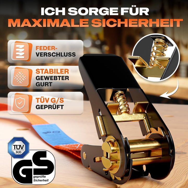 MEISTERBAU - [TÜV geprüft] Spanngurte mit Ratsche [+ 2 Spanngummis] - 1000kg Kapazität - 6m lang und