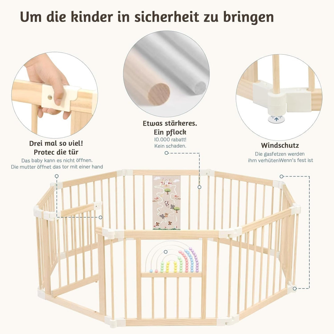 Baby Laufstall,Sicherer＆Stabiler Grosses Faltbares Babys Laufgitter, Holz Laufstall, nachhaltiger La