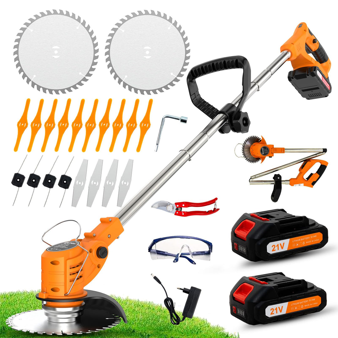 Akku-Rasentrimmer mit 2 * 21V Akku, 4 Messer, dreifach klappbarer Mäher, Rasenmäher, Akku-Gartenmähe