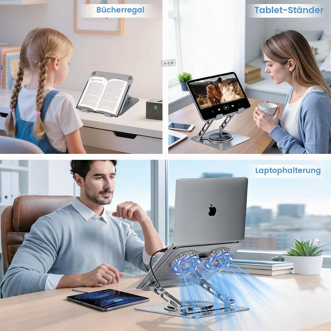 Laptop Ständer mit Lüfter, Ergonomisch Verstellbarer Belüfteter Notebook Halterung mit 360°-Drehung,