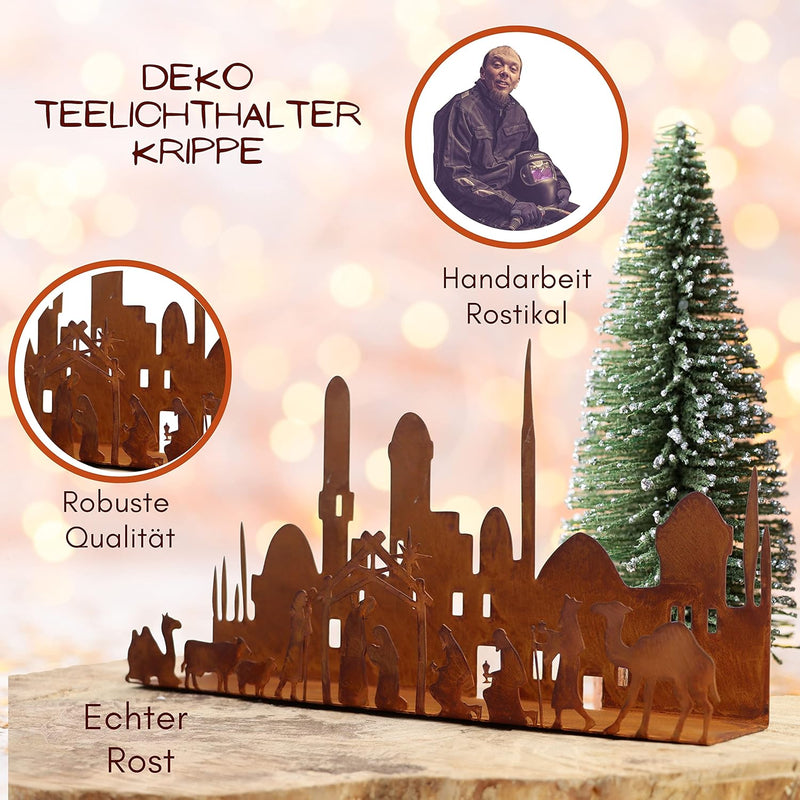 Rostikal Krippe Weihnachten 66 x 34 cm Deko Weihnachtskrippe mit Figuren Edelrost Tischdeko Weihnach