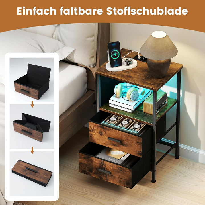 COSTWAY Nachttisch mit LED und Ladestation, 2er Set Beistelltisch mit 2 Schubladen & Seitentaschen,