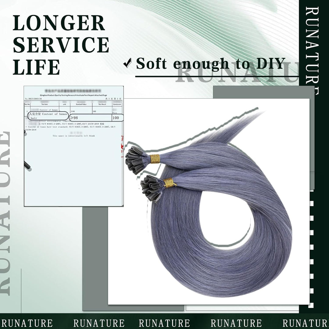 RUNATURE Bonding Extensions Echthaar Lang 55cm GrauBlau Extensions Echthaar Bonding 25 Strähne 25g G