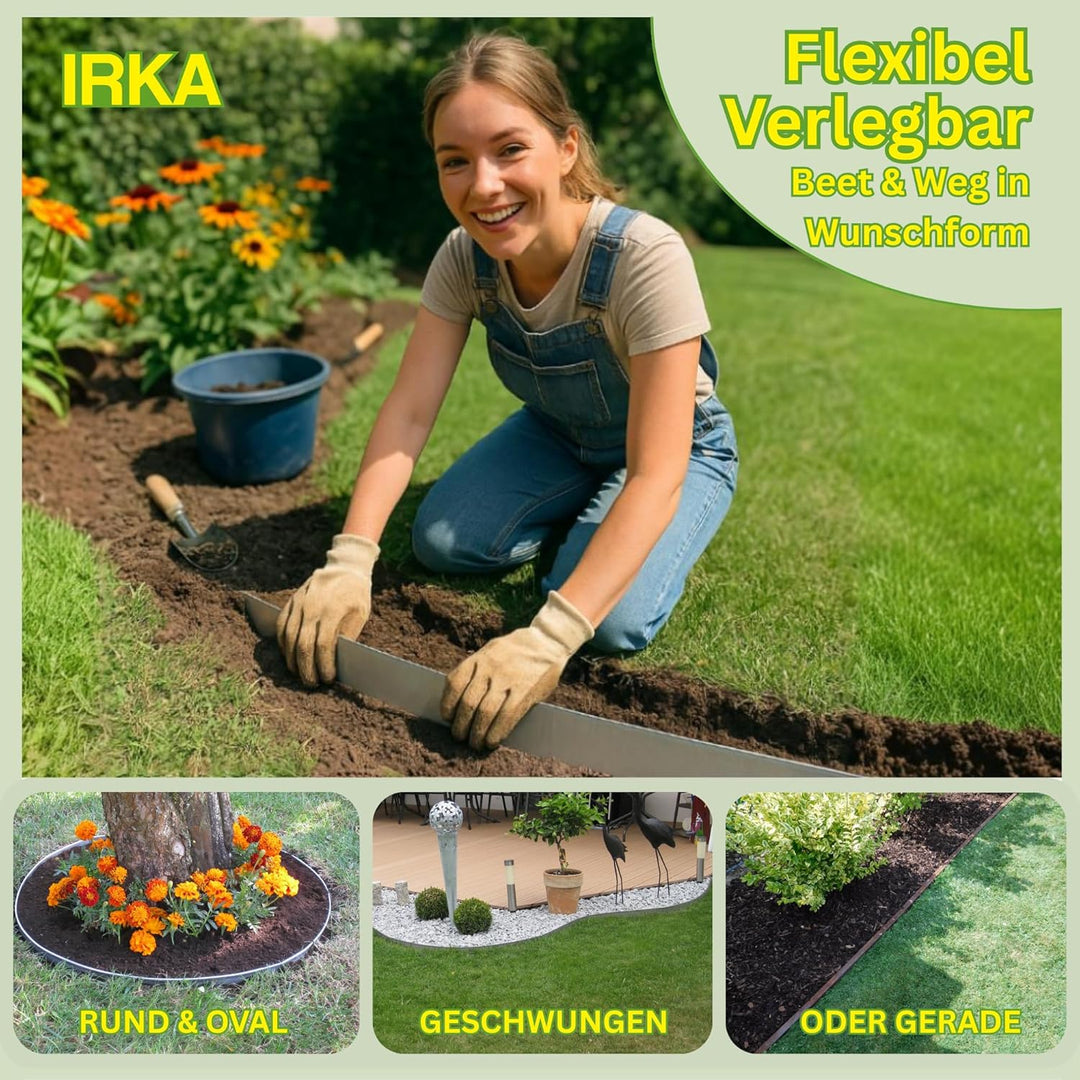 IRKA Rasenkantenband 15 cm x 15m x 1mm Flexible Beeteinfassung | Rasenkante Metall verzinkt 15cm mit
