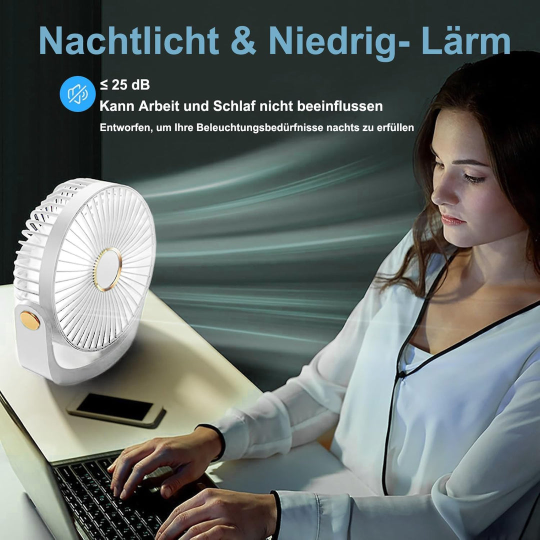 Schreibtischventilator mit Nachtlicht, tragbarer, leiser Ventilator mit USB-Akku, 360° drehbar, 5 Ge