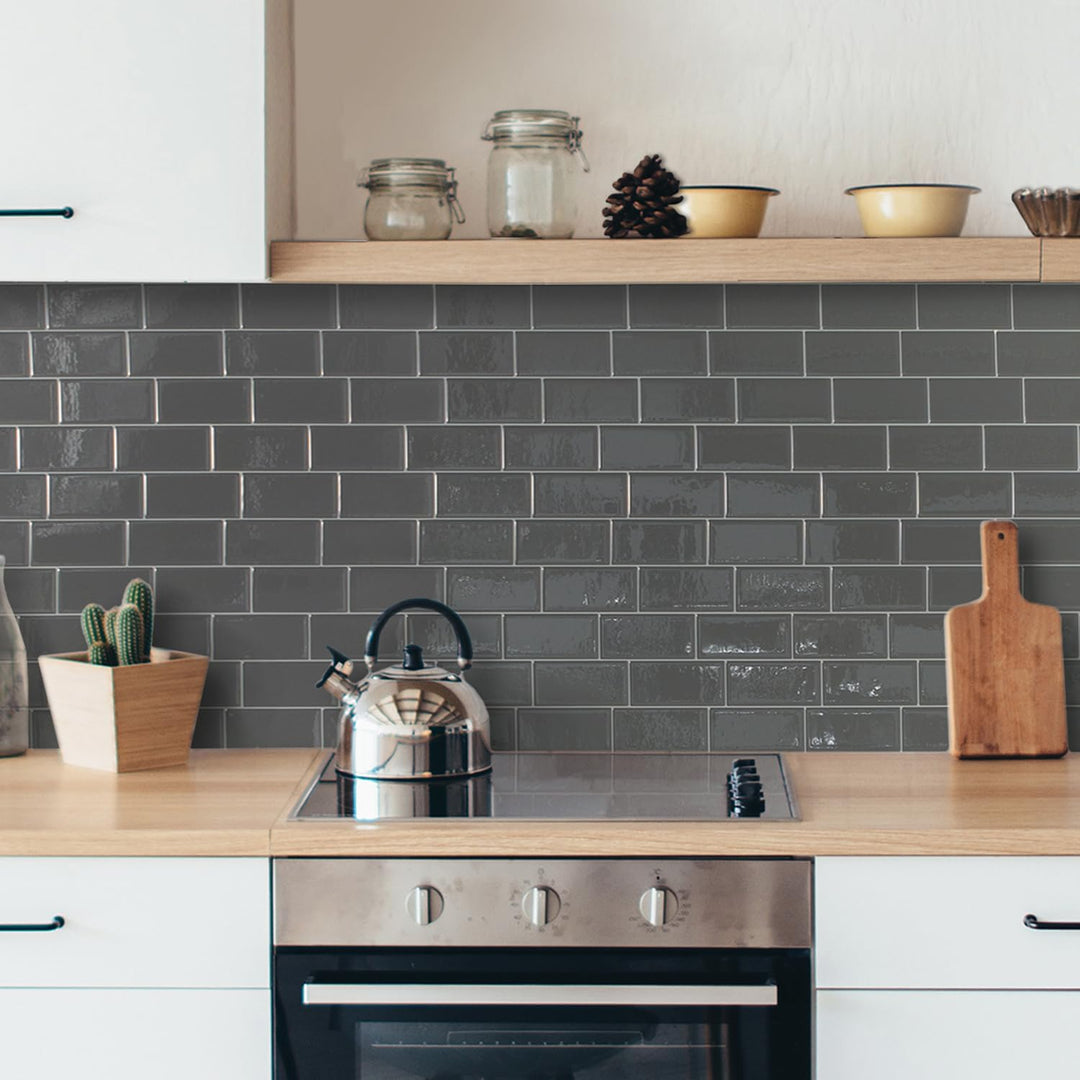 Smart Tiles Klebefliesen, Metro Anthrazitgrau, 29,34x21,28 cm | 5er-Pack (0,26 m²), Glänzend, Hitze-