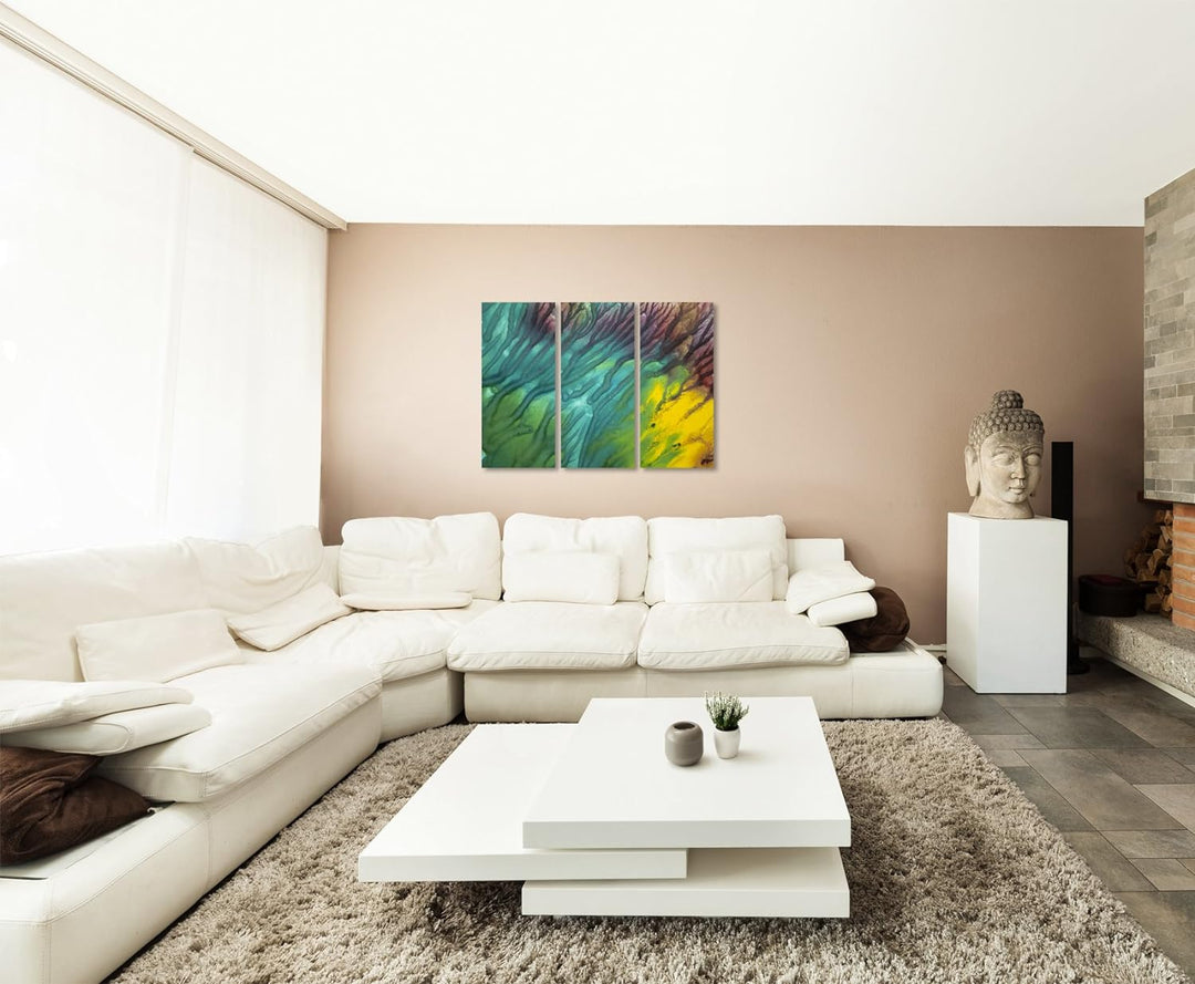Wandbild 3x90x40cm (Gesamt 130x90cm) Leuchtendes Aquarell mit Struktur auf Leinwand für Wohnzimmer,