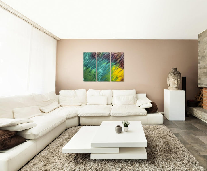 Wandbild 3x90x40cm (Gesamt 130x90cm) Leuchtendes Aquarell mit Struktur auf Leinwand für Wohnzimmer,