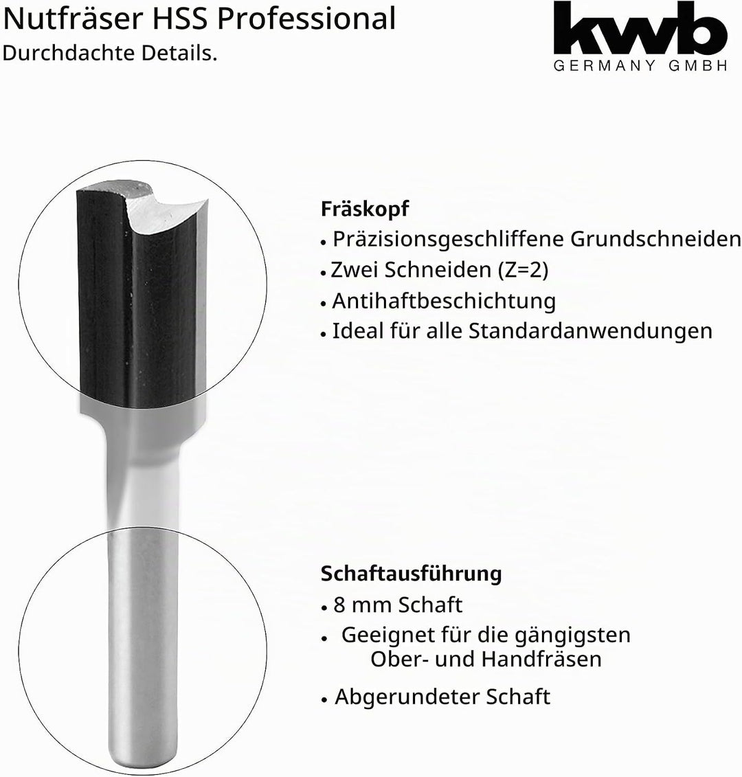 KWB HSS Nut-Fräser Professional (für Holz, Ø 10mm, Arbeitslänge 20mm, Schaft 8mm, Made in Germany, p