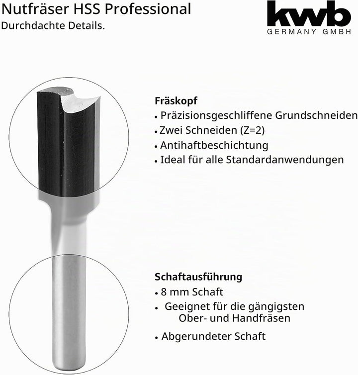 KWB HSS Nut-Fräser Professional (für Holz, Ø 10mm, Arbeitslänge 20mm, Schaft 8mm, Made in Germany, p