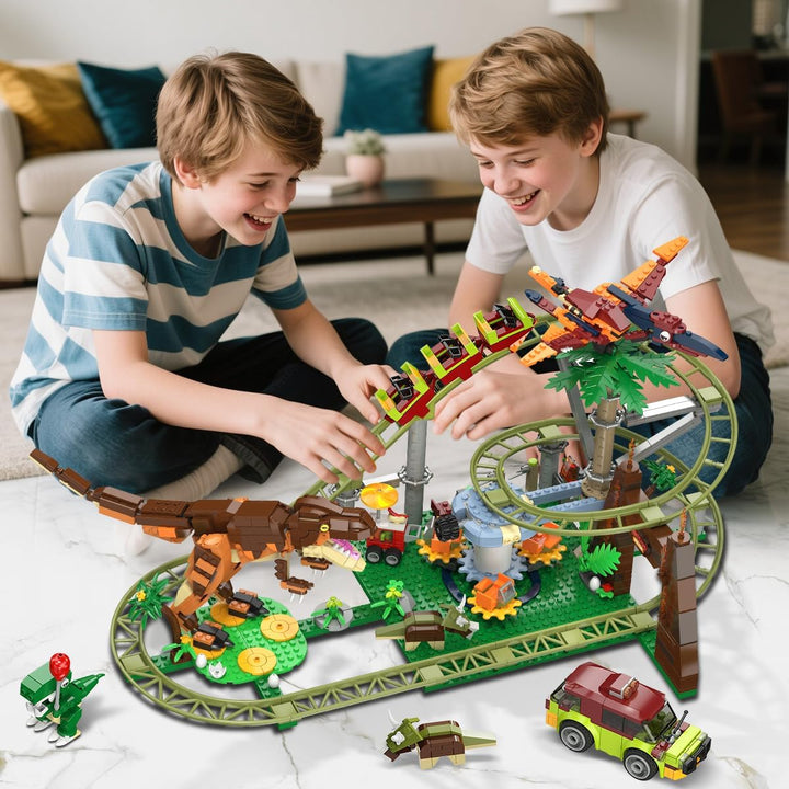 HOGOKIDS Dinosaurier Achterbahn Bausteine Spielzeug – 1222pcs Achterbahn Bauspielzeug mit 4 Dinosaur