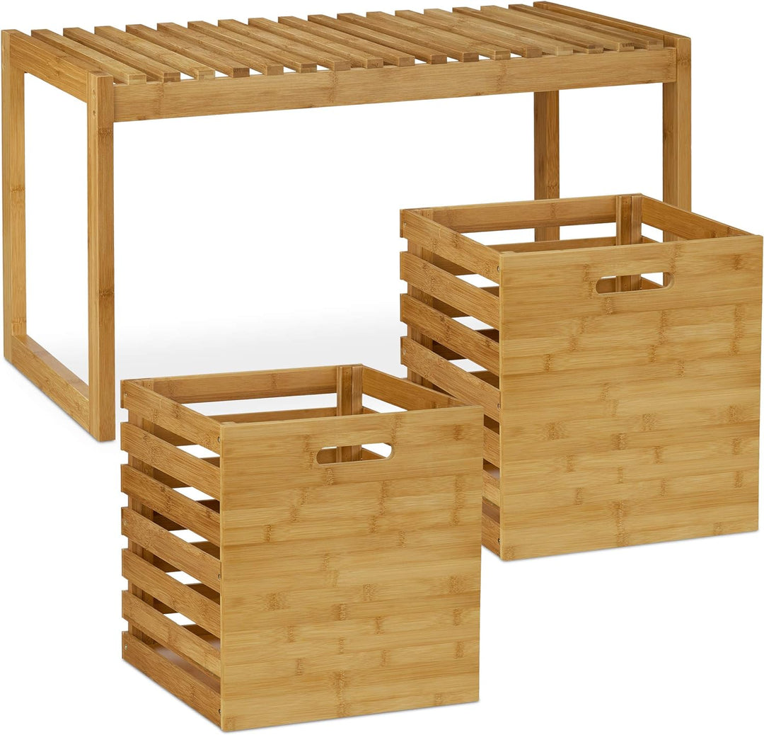 Relaxdays Sitzbank mit Stauraum, Bambus, 2 Aufbewahrungsboxen, Bank für Flur, Bad, Garderobe, HBT 44