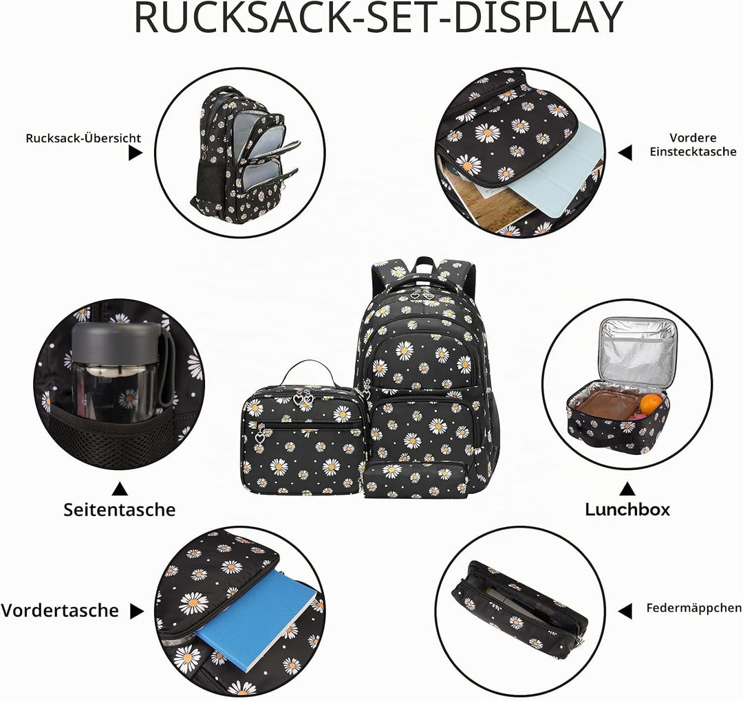 SIVENKE Schulrucksack Mädchen Teenager Damen Schultasche Rucksack Set Gänseblümchen Schulranzen für