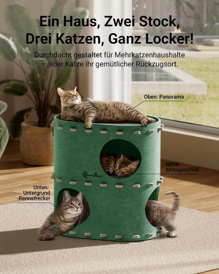DownyPaws Katzenhöhle aus Filz, 2-stöckige Katzenbett, 50 x 33 x 50 cm Schloss Katzenhaus zum Spiele