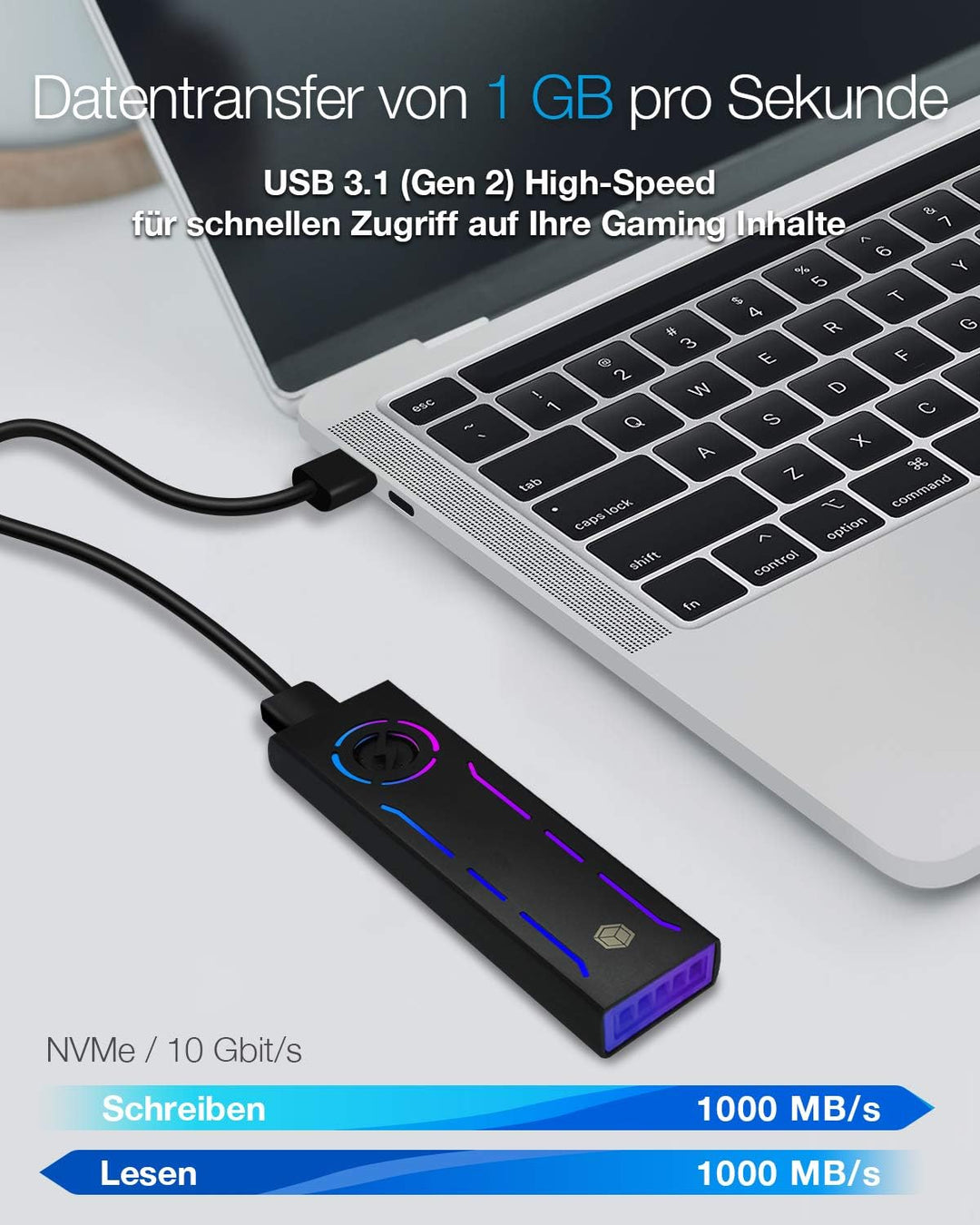 ICY BOX Type-C Gen 2 zu PCIe NVMe M.2 Gaming Gehäuse mit ARGB und Aktiver Kühler, Werkzeuglose Monta