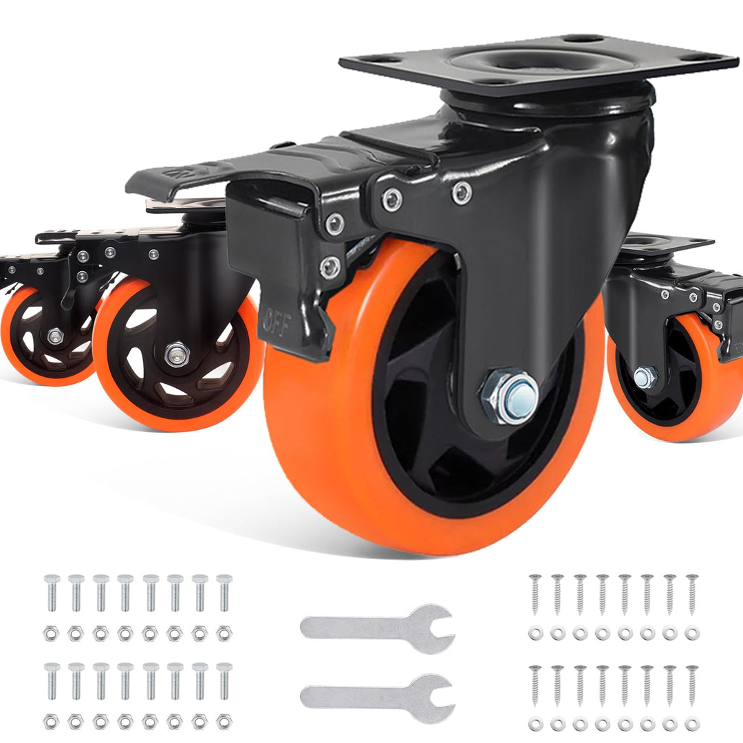 BAOLIHUI 100mm Orange Schwerlastrollen - 4er Set Lenkrollen mit Bremsen bis 600KG inkl. Montagezubeh