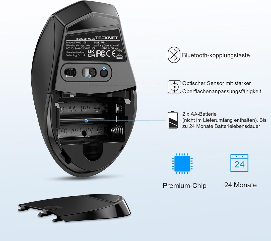 TECKNET Bluetooth-Maus, kabellose Maus 3200 DPI, Akkulaufzeit 24 Monate, Wireless Bluetooth 6 DPI-St
