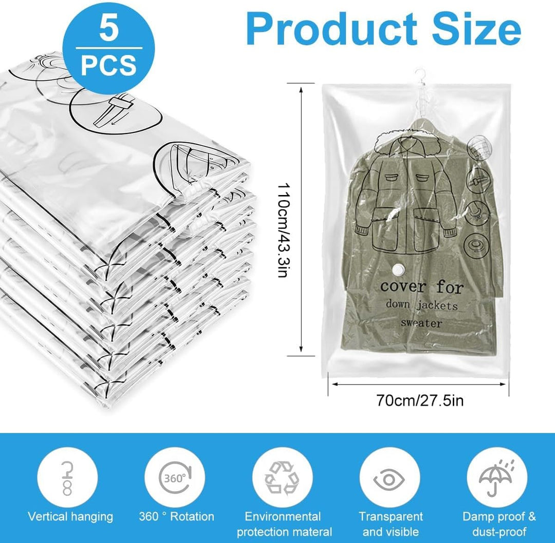 Vakuumbeutel für Kleidung 5 Stück, Hängende Vakuumierbeutel Kleidung (110x70cm), Vacuum Bags for Clo