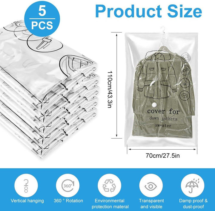 Vakuumbeutel für Kleidung 5 Stück, Hängende Vakuumierbeutel Kleidung (110x70cm), Vacuum Bags for Clo