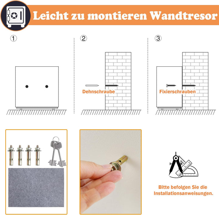 SUBTLETY 31x20x20cm Möbeltresor Abschliessbar Safe Tresor mit Doppelbartschloss und 2 Schlüssel Wand