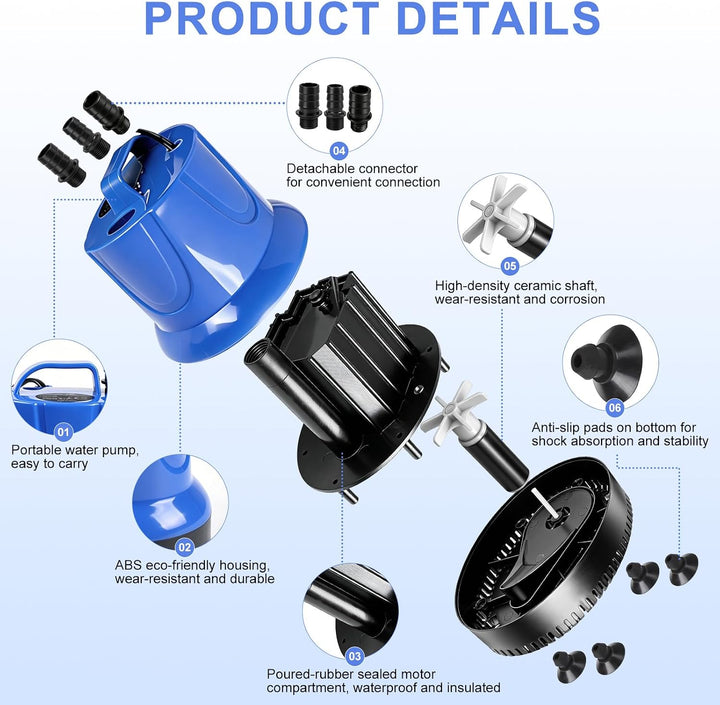 EXLECO Aquarium Pumpe 45W 2500L/H, Schmutzwasserpumpe Tauchpumpe Flachsaugend, Kleine Wasserpumpe, A