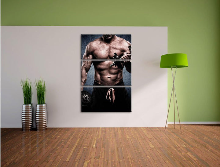 Pixxprint Starker Bodybuilder mit Hantel / 3-Teilig/Gesamtmass 120cm Leinwandbild bespannt auf Holzr