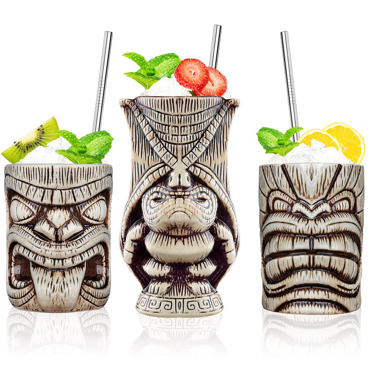 Tiki Becher Set Tiki Cocktail Gläser, Set Mit 3 Keramik-Tassen für Exotische Party,Tiki Bar, Keramik