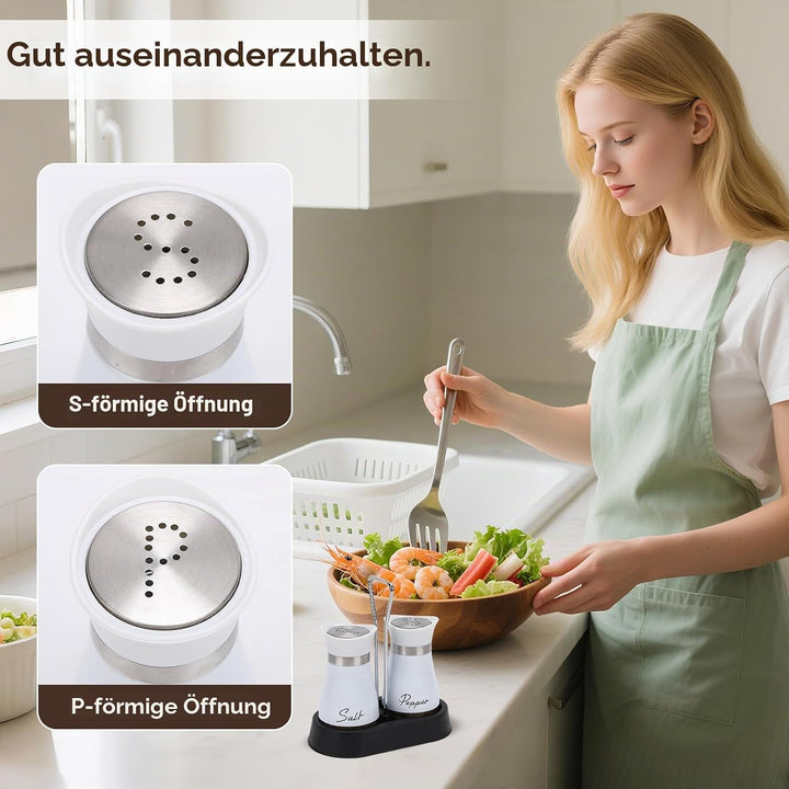 Salz und Pfefferstreuer Set, Salz und Pfefferstreuer Set mit Halter, 2 Stück Edelstahl und Glasflasc