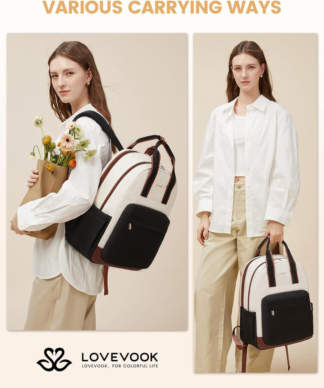 LOVEVOOK Rucksack Damen Gross, 17,3 Zoll Laptop Schultasche Mädchen mit Laptopfach, Wasserdicht Reis