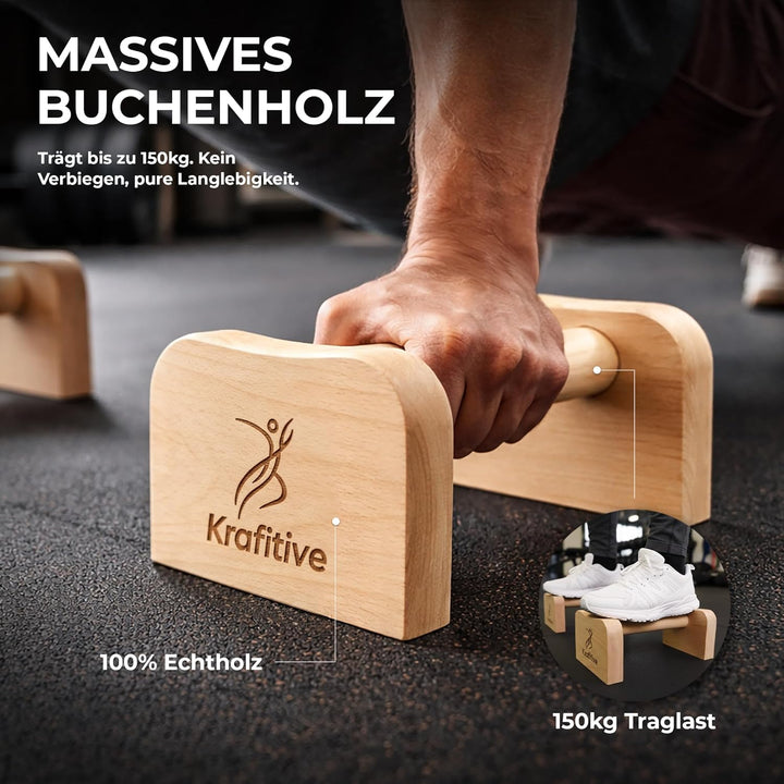 2er Set Liegestützgriffe Holz 150kg belastbar aus massivem Buchenholz - Parallettes für Calisthenics