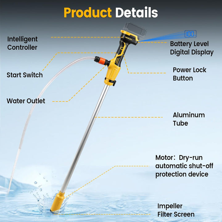 Kabellose Stick-Wasser-Transferpumpe für Dewalt 18/20 V, tragbare Tauchpumpe, 2736 l/h &amp; 5 m Hebebüh