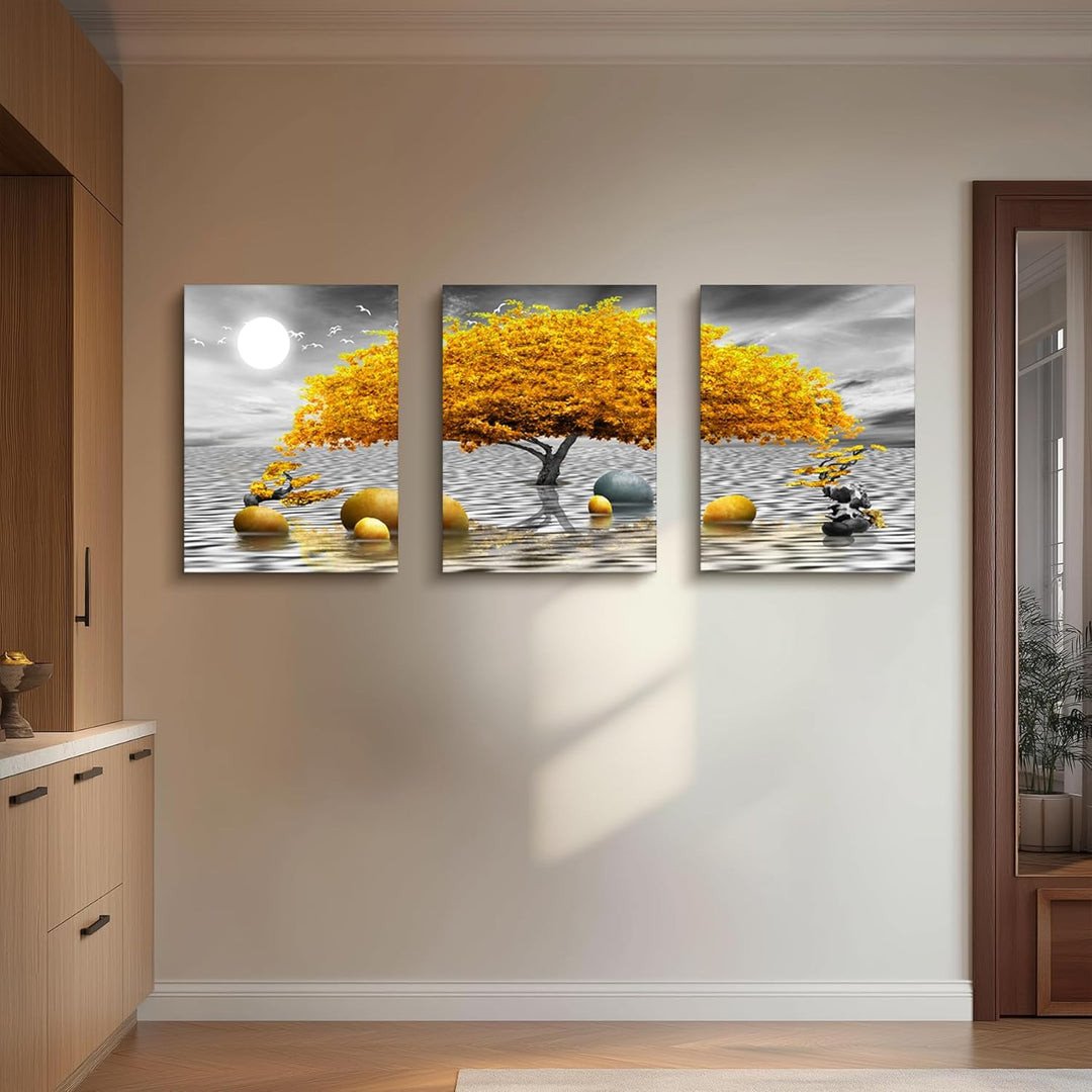 hyidecorart Bilder Baum Gelb, Natur Gold Bäume Leinwand Bilder, 3 Teilig Wandbilder Wohnzimmer, Mode
