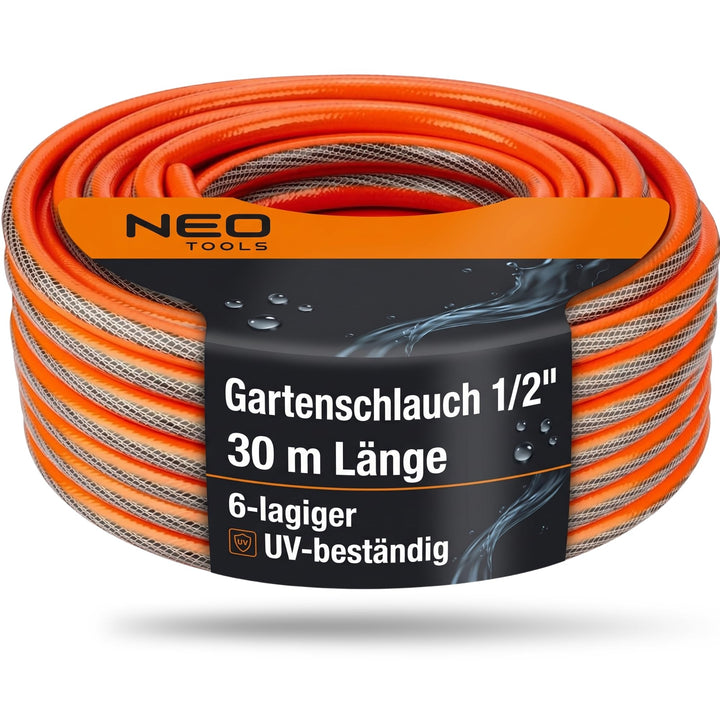 NEO TOOLS Gartenschlauch 1/2 Zoll, 30 m Länge, 6-lagiger | UV-beständig, Flexibel Schlauch, Verdrehs