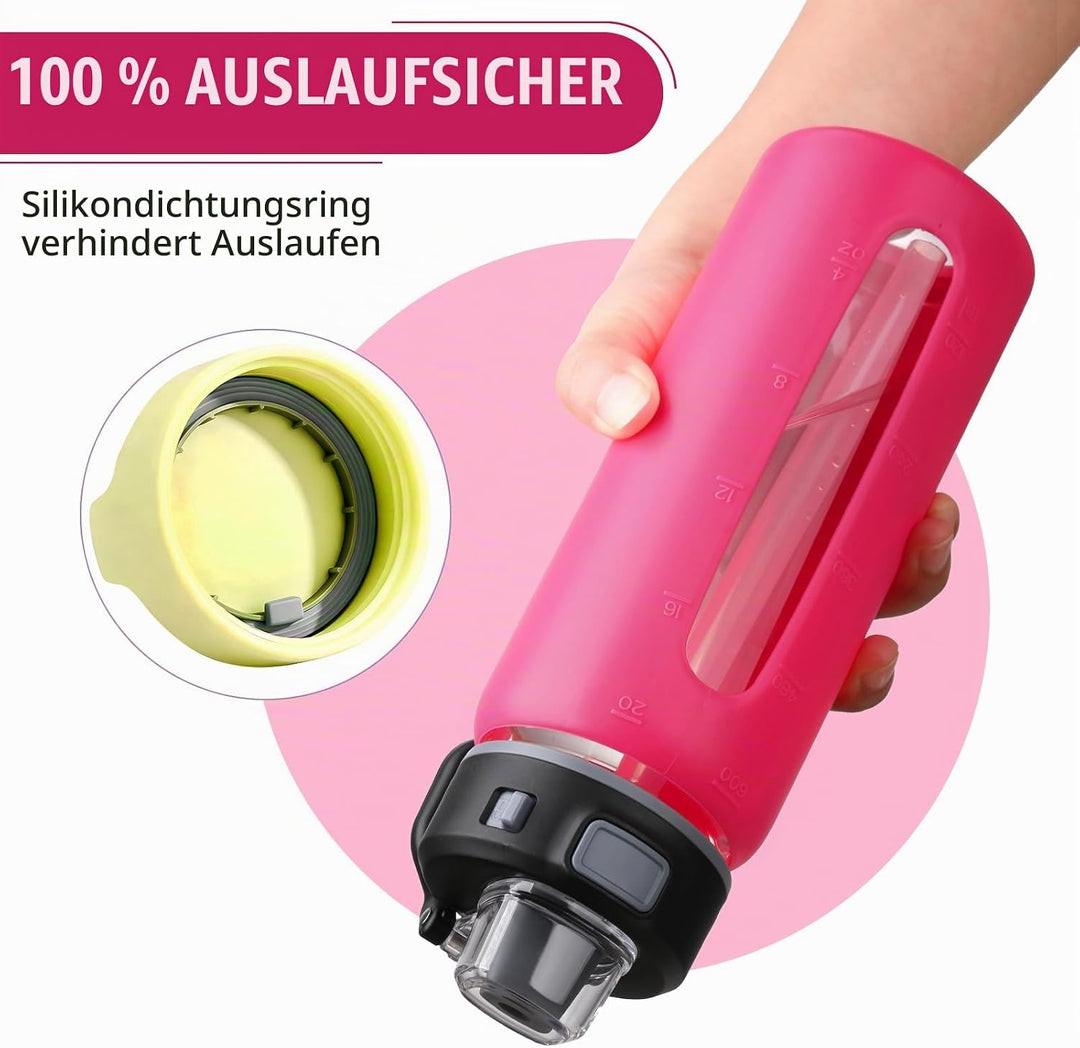 BLUEGO 600ml Glas Wasserflasche mit 2 Deckeln- One-Touch Verschlussdeckel und Griffdeckel Wiederverw