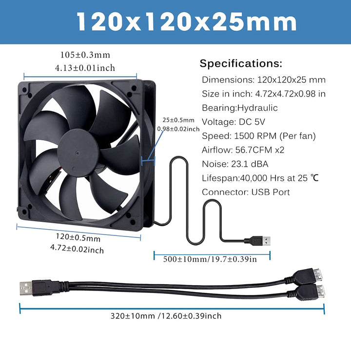 GDSTIME 120mm USB Lüfter 120 x 25mm Gehäuselüfter USB 120mm PC Lüfter 1500 U/min Bürstenloser Lüfter