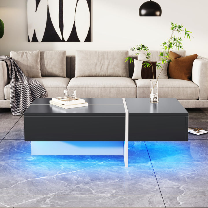 Merax Hochglänzender Couchtisch Wohnzimmermöbel Beistelltisch CoffeeTable mit LED 100x50x34.5cm Schw
