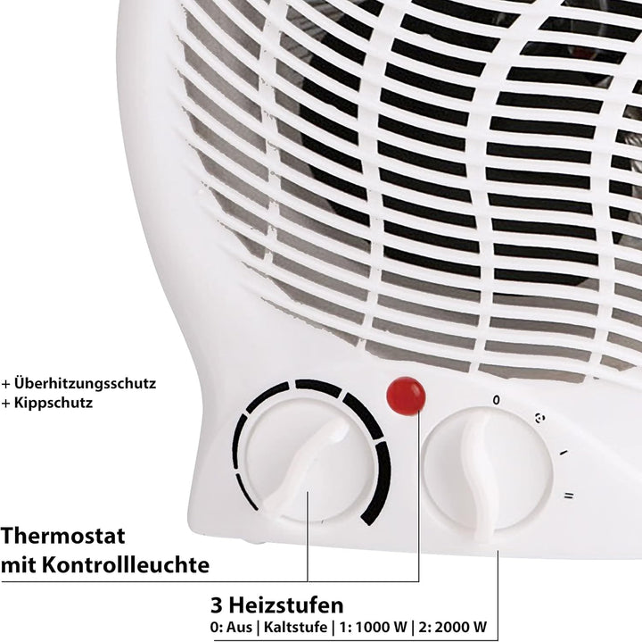 Heizlüfter mit 3 Heizstufen | kompaktes Heizgebläse | starkes Gebläse 2000W | mit Überhitzungsschutz