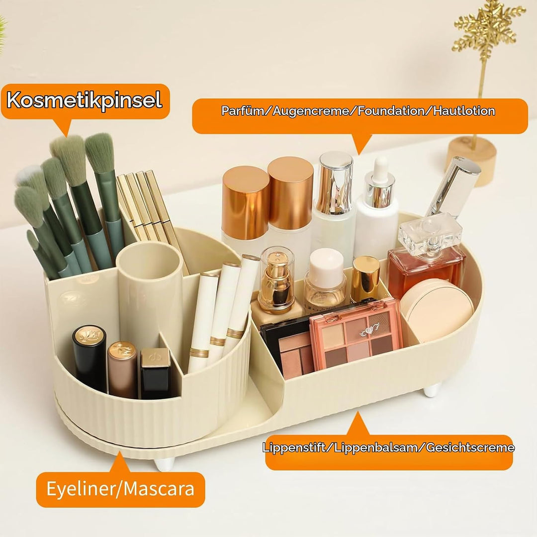 360°Drehbarer Cremefarbe Kosmetik Organizer mit Fach 2 in 1,Hohe Kapazität Skincare Organizer, Aufbe