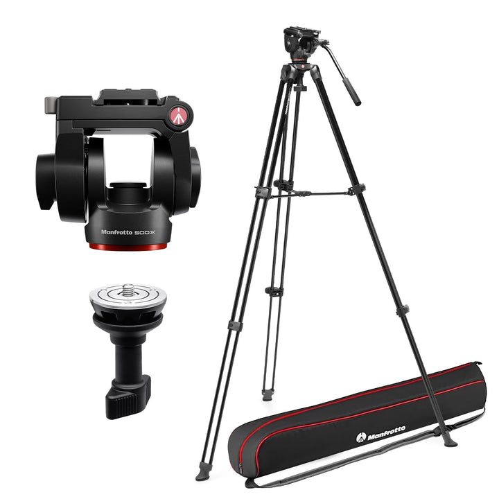 Manfrotto 500X Video‑Kit, Fluidkopf und Alu‑Doppelrohr‑Stativ, 5 Kg Traglast, Flachbasis, Mittelspin