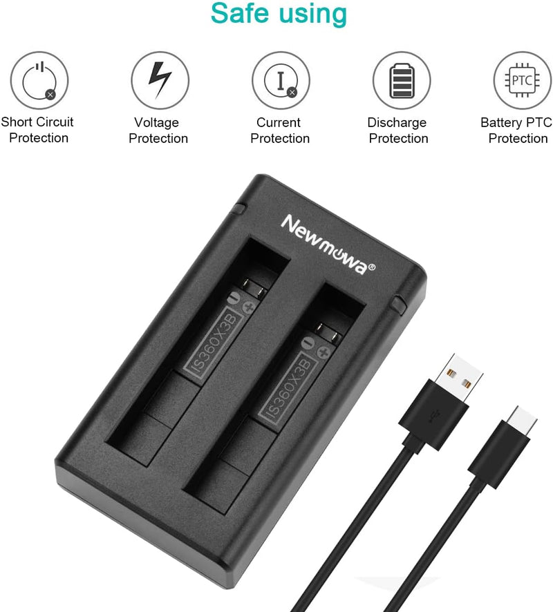 Newmowa Ersatz Akku (2er Pack) und Tragbar Micro USB Dual Ladegerät Kit für Insta 360 ONE X3