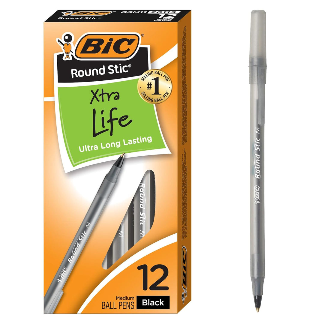 BIC Round Stic Xtra Life Kugelschreiber, mittlere Spitze, 1,0 mm, Schwarz, 12 Stück