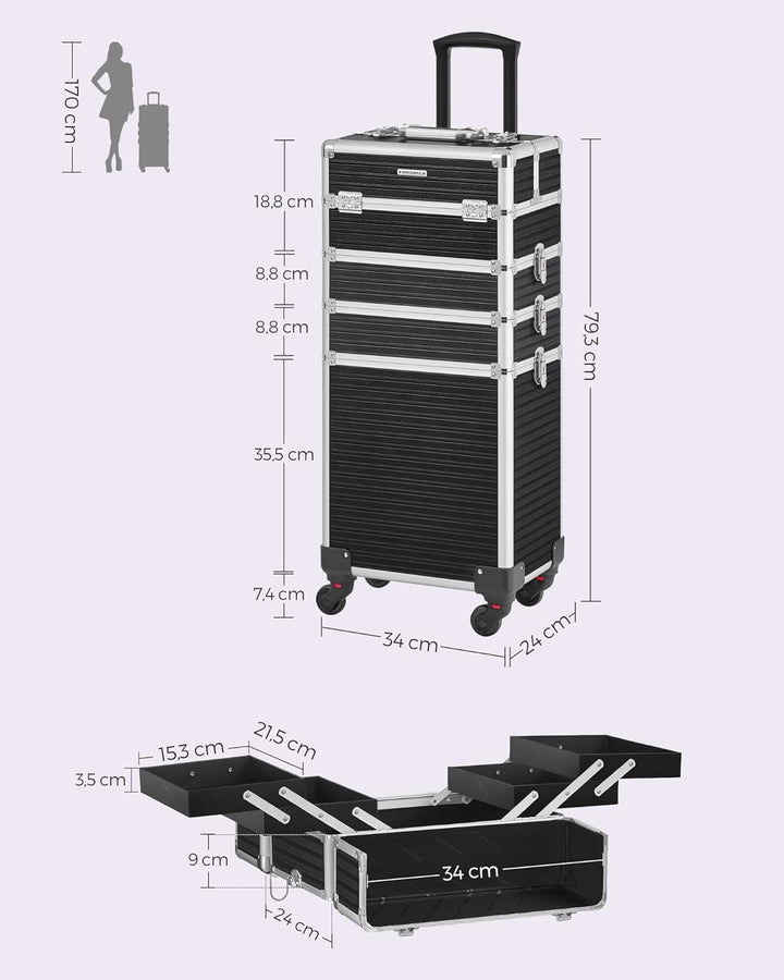 SONGMICS Kosmetikkoffer, Trolley, 4-in-1 Schminkkoffer, extra gross, Friseurkoffer, 34 x 24 x 79,3 c
